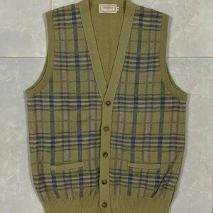 Vintage Plaid Knit Sweater Vest Olive Green
